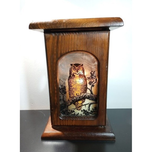 Vintage Owl Glass Wooden Lantern Box Candle Holder Brown - Picture 1 of 14